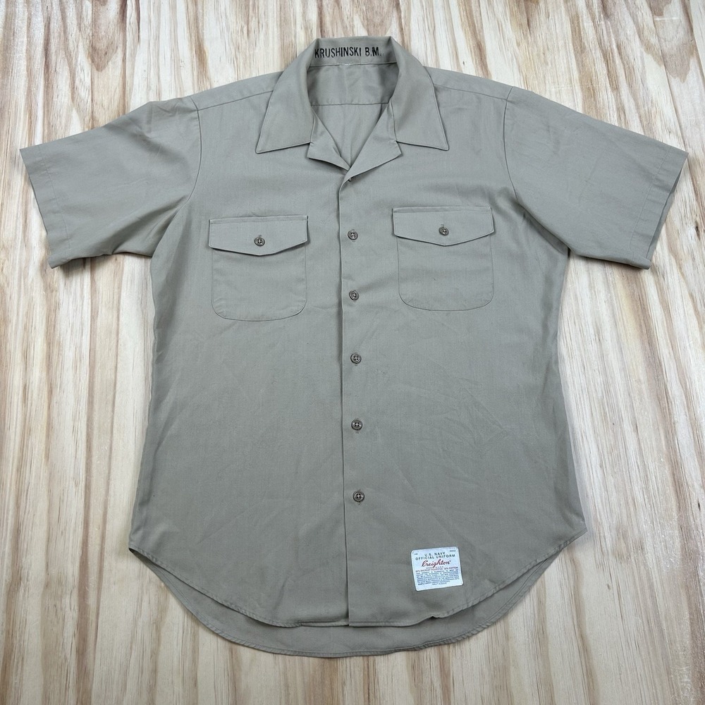 True VTG 1960s Creighton US Navy Dacron Polyester Khaki Uniform Shirt Large